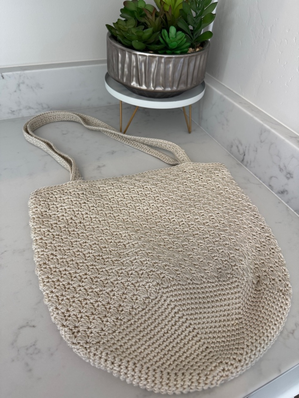 The Sak Crochet Shoulder Bag Zip Closure in Ivory Cream Medium Size
